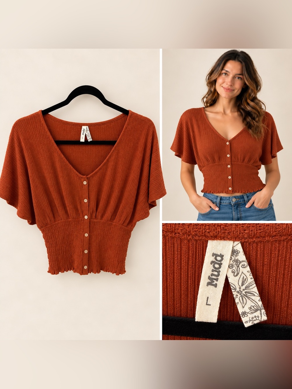 Mudd Rust Button-Front V-Neck Smocked Crop Top